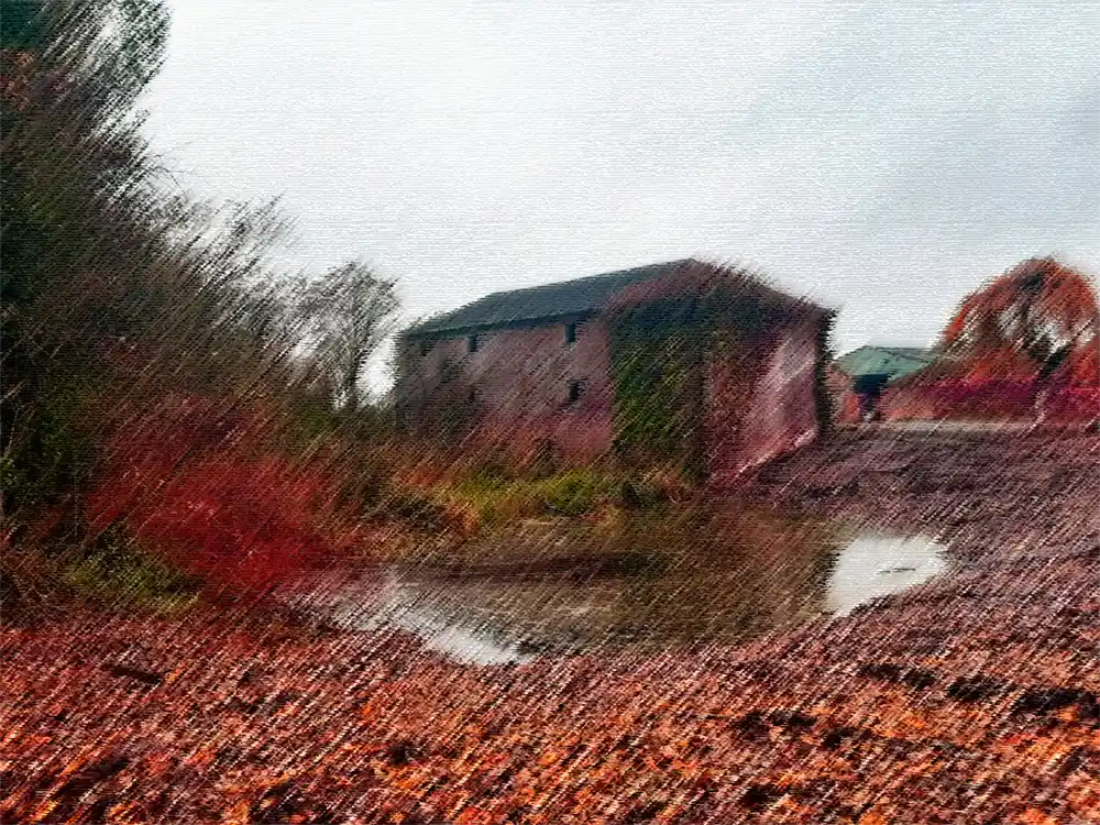 A recent image of the derelictCanal Head Warehouse show with an artistic filter to represent the "A" of STEAM for a Canal Trail  Art project.