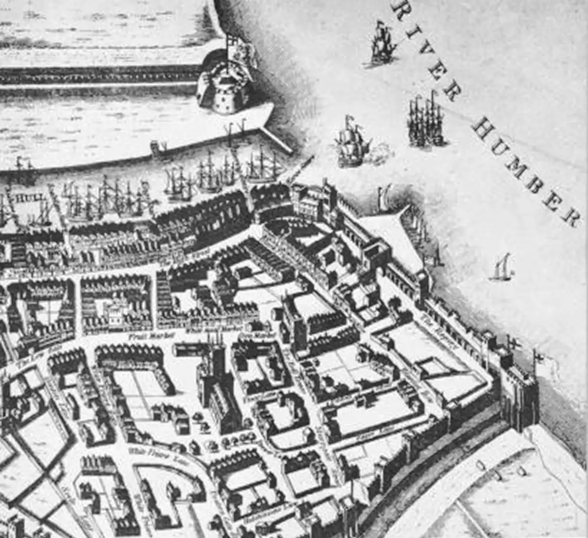 A very old line drawing of a portion of the City of Hull dock area in black and white.