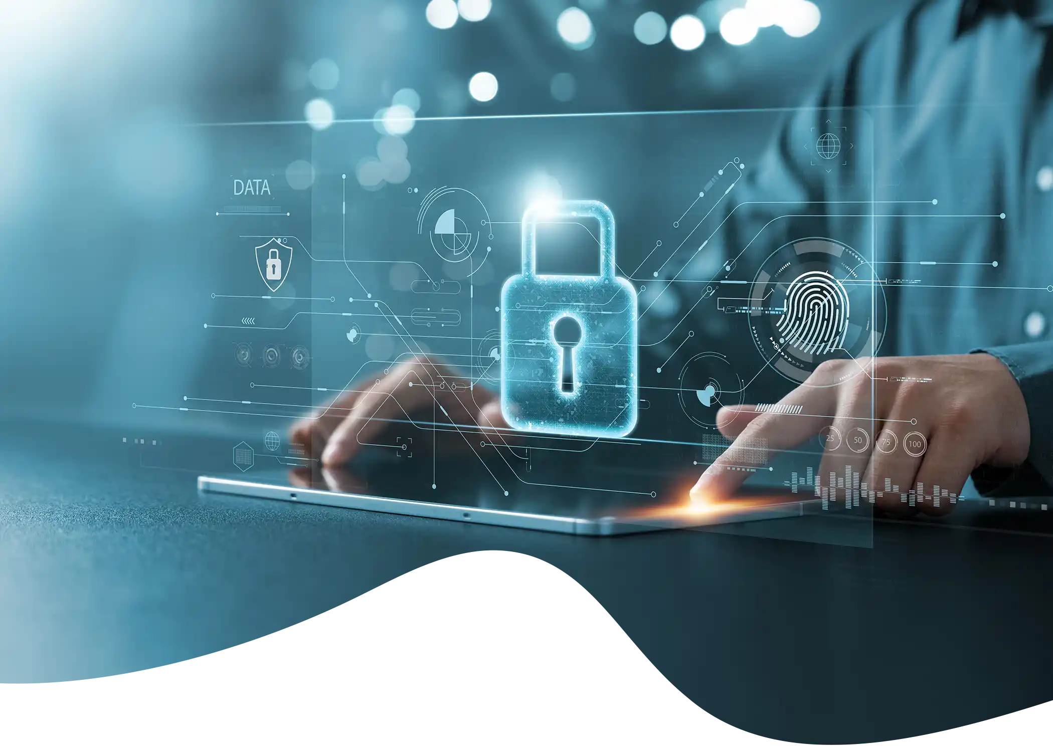 Internet and data privacy concept of man on a computer and technological icons representing data privacy floating in the foreground masked into a flowing shape.