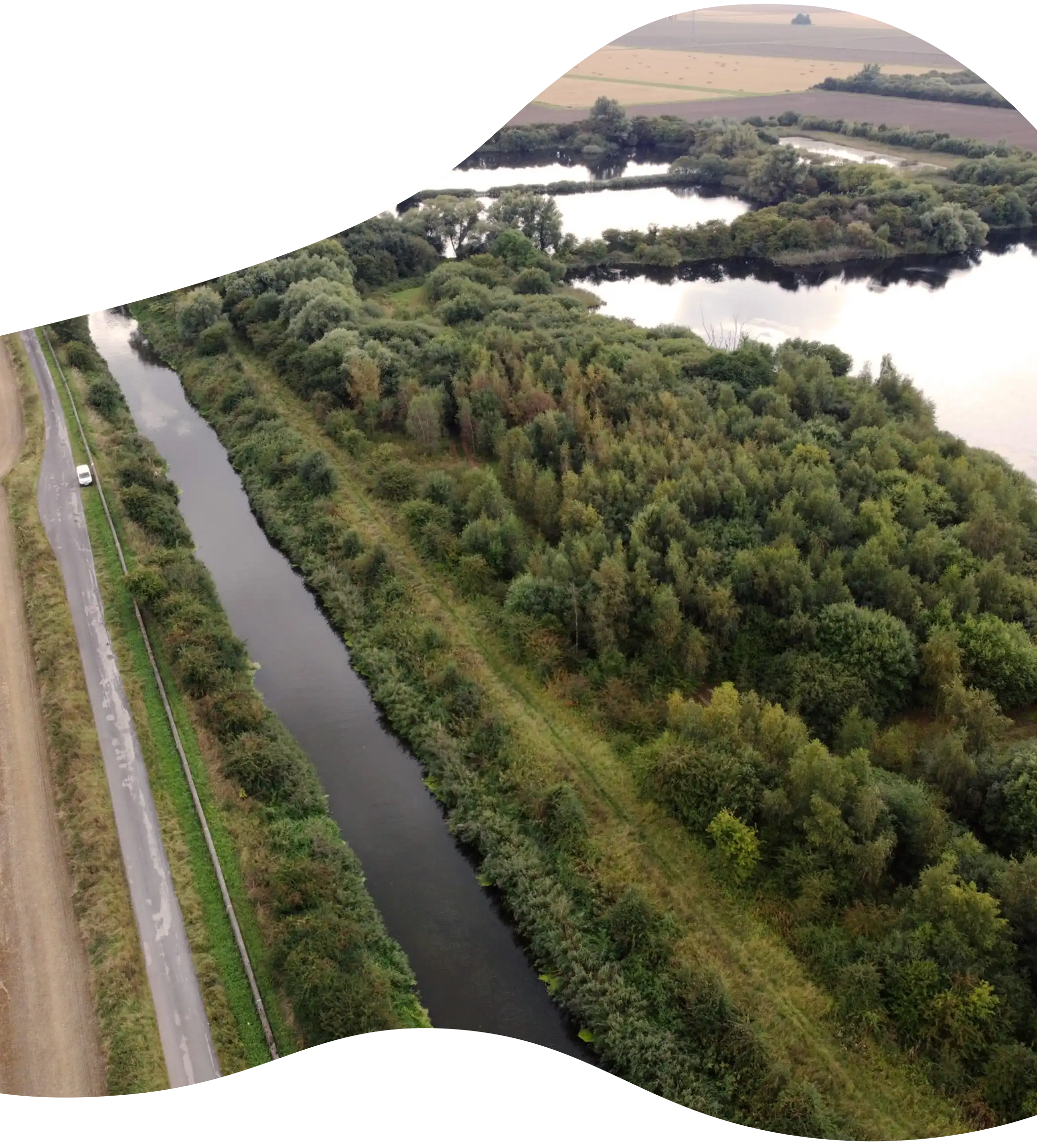 An aerial of shot of part of the Market Weighton Trail masked into a shape taken in 2022.